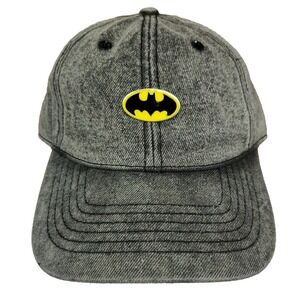 Batman DC Comics Dad Hat Cap Pin Logo Black Acid Wash Denim Strapback NWT